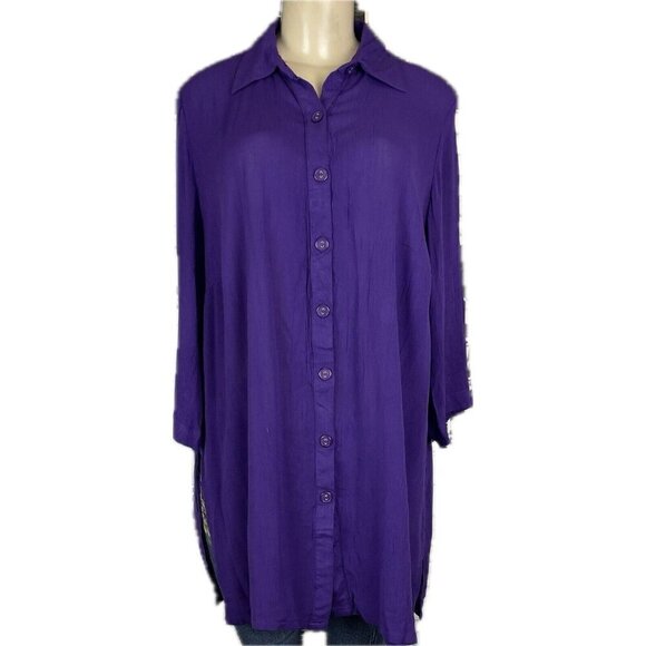 Roaman's 12W Purple Semi-Sheer Button Collar Roll-Tab 3/4 Sleeve Tunic Blouse - Picture 2 of 6